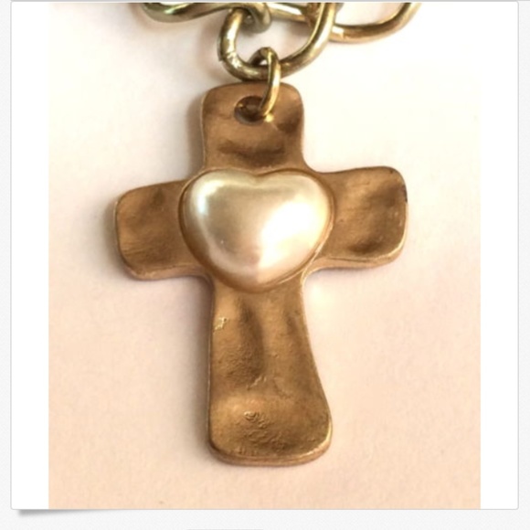 Antique Gold Pearl Cross Charm Bracelet Lock Key - Picture 5 of 8